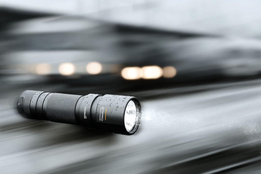 Nahaufnahme einer aktiven schwarzen Taschenlampe mit Wassertröpfchen auf der Oberfläche, die einen hellen Lichtstrahl abstrahlt, vor einem unscharfen, abstrakten Hintergrund in Grautönen.