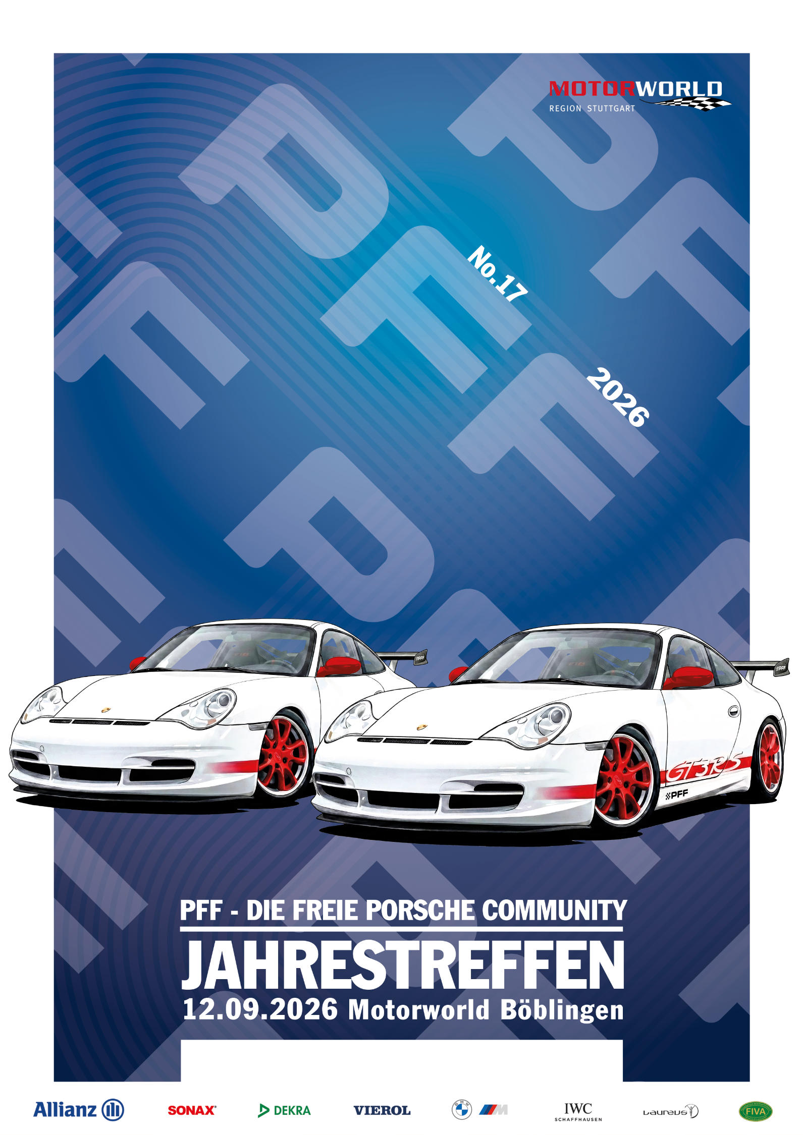 Plakat für das PFF-Jahrestreffen 2026 mit zwei weißen Porsche 911 GT3 RS