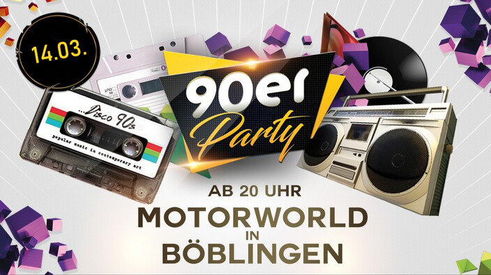 Flyer für 90er-Party mit Kassette, Boombox und Schallplatte; 14.03., ab 20 Uhr, Motorworld in Böblingen.