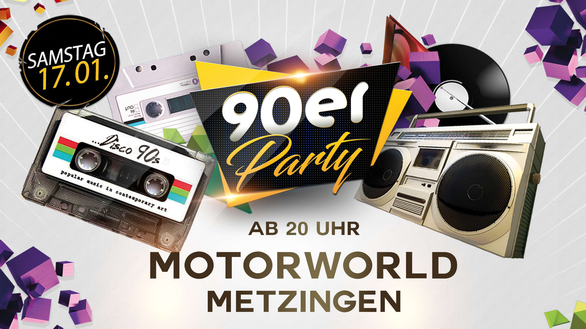 Plakat für 90er-Party mit Audiokassette, Ghettoblaster, Schallplatte, Datum Samstag 17.01., Ort Motorworld Metzingen.