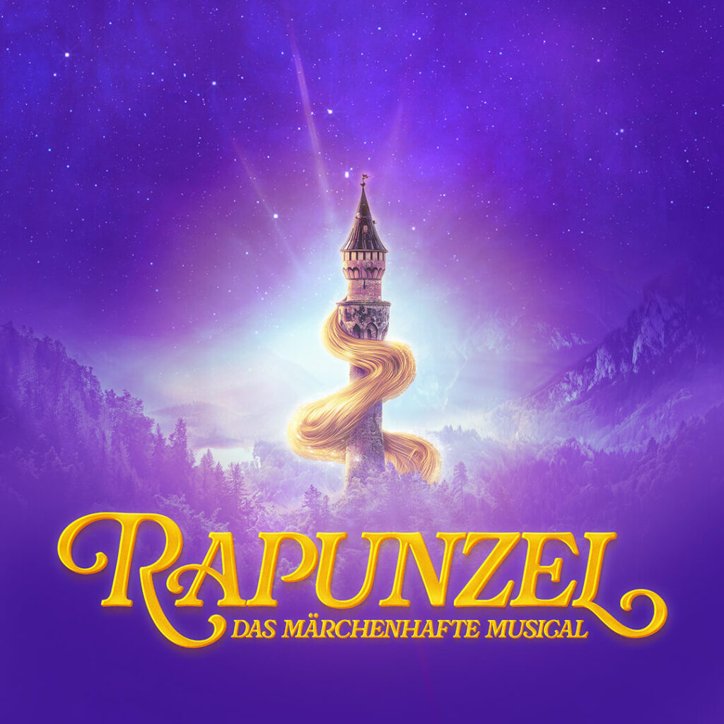 Against a purple, star-studded sky, a tall medieval tower rises up, long golden hair twisting around it, in front of misty mountains and forest; below, the words Rapunzel - The Fairytale Musical are emblazoned in golden letters.