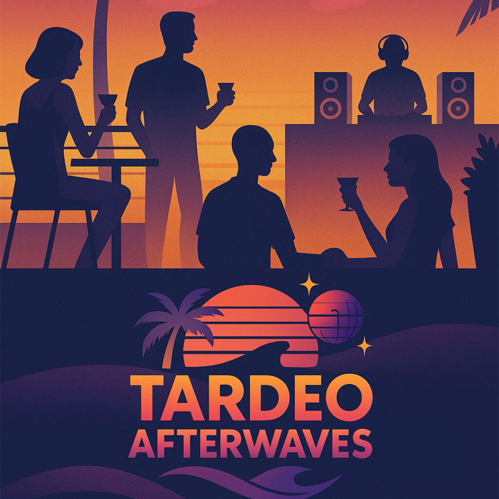 Silhouetten von Menschen bei einem Strand‑Sonnenuntergang mit einem DJ an einem Pult zwischen Lautsprechern, Gästen mit Getränken, Palmen und einem stilisierten Sonnen‑/Diskokugel‑Logo sowie dem Schriftzug TARDEO AFTERWAVES in warmen Orange‑ und Violetttönen.
