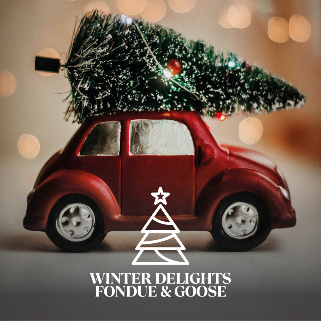 Rotes Spielzeugauto mit einem kleinen, beleuchteten Tannenbaum auf dem Dach vor verschwommenen Lichtern; unten ein weißes Tannen-Symbol und der Schriftzug "Winter Delights Fondue & Goose".