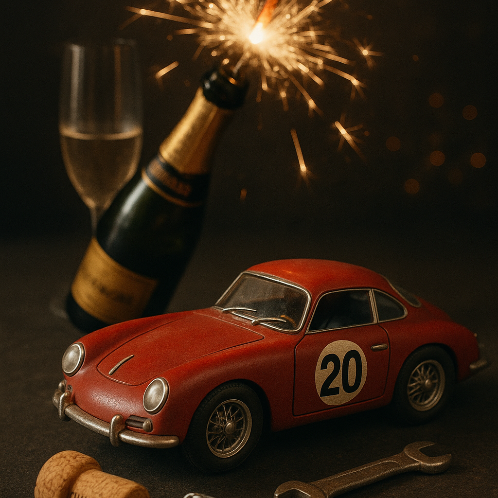 Red model racing car (no. 20) in front of a flickering sparkler, champagne bottle, glass, cork and wrench.