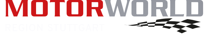Logo Motorworld Region Stuttgart mit rotem MOTOR, grauem WORLD und Schachbrett-Flaggen-Schwung.