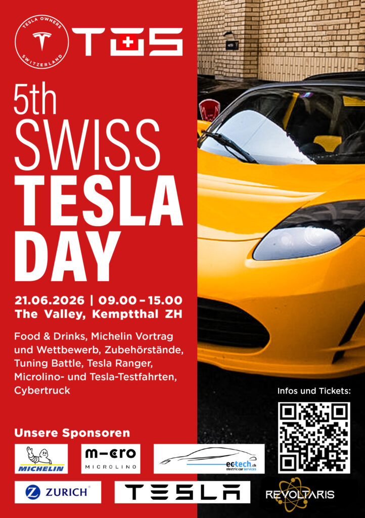 Plakat für den 5. Swiss Tesla Day mit gelbem Tesla, Datum, Ort, Programm und QR-Code