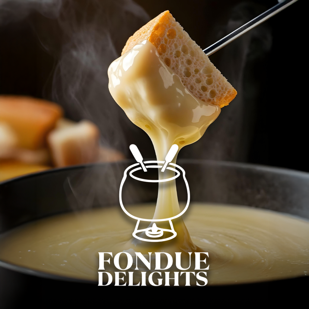 Brotwürfel an Fonduegabel, in dampfendem geschmolzenen Käse getaucht, mit Logo-Text FONDUE DELIGHTS.