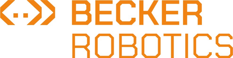 Orangenes Logo mit stilisiertem Roboterkopf links und großem Schriftzug BECKER ROBOTICS in Orange.