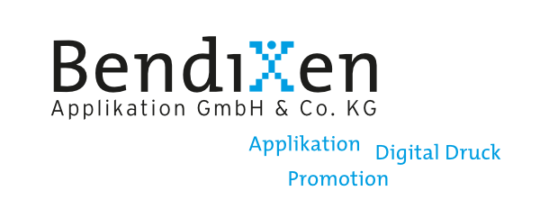 Logo Bendixen Applikation GmbH & Co. KG mit blauem Pixel‑X und den Worten Applikation, Digital Druck, Promotion.