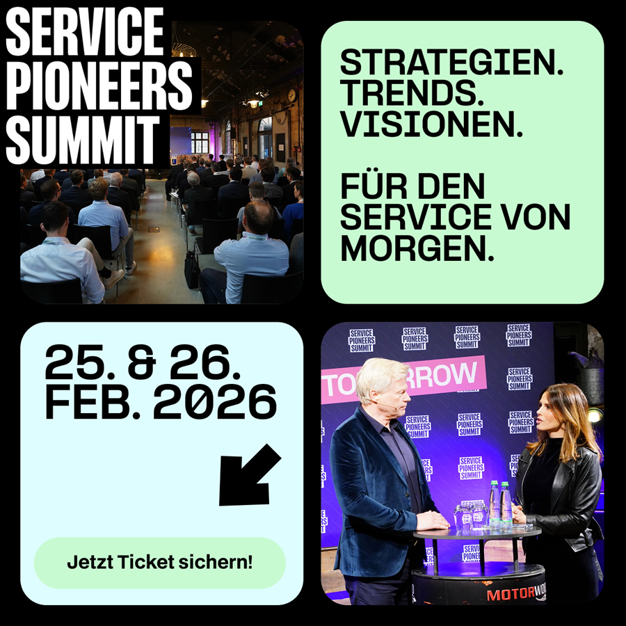 Collage zur Service Pioneers Summit mit Publikum, zwei Referenten auf der Bühne, Schlagworten zu Strategien/Trends und dem Datum 25.–26. Feb 2026 mit Ticketaufruf.