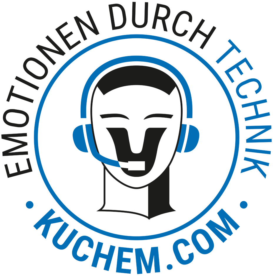 Stylized head with blue headset in circle logo, surrounded by the words EMOTIONS THROUGH TECHNOLOGY and KUCHEM.COM