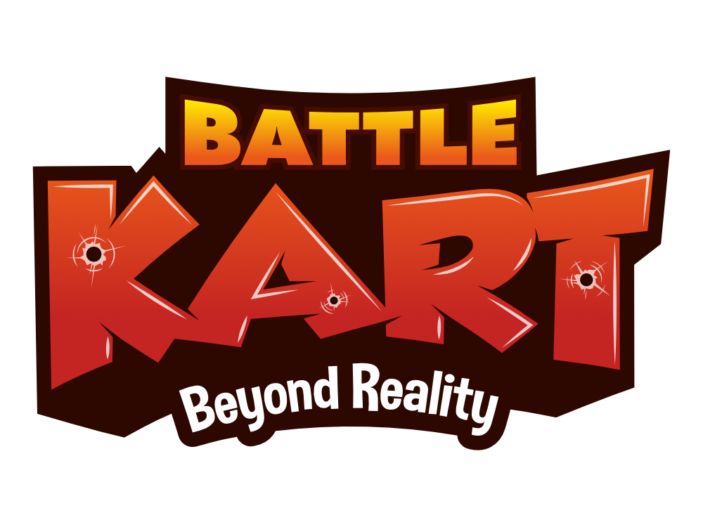 Stilisiertes Logo mit orange-rotem Schriftzug BATTLE KART, weißen Einschusslöchern und Untertitel Beyond Reality