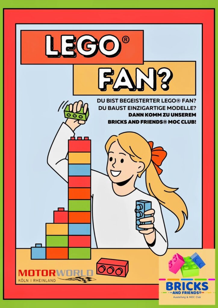Mädchen baut hohen Turm aus bunten LEGO-Steinen, Poster mit Schriftzug „LEGO FAN?“ und Clubhinweis.