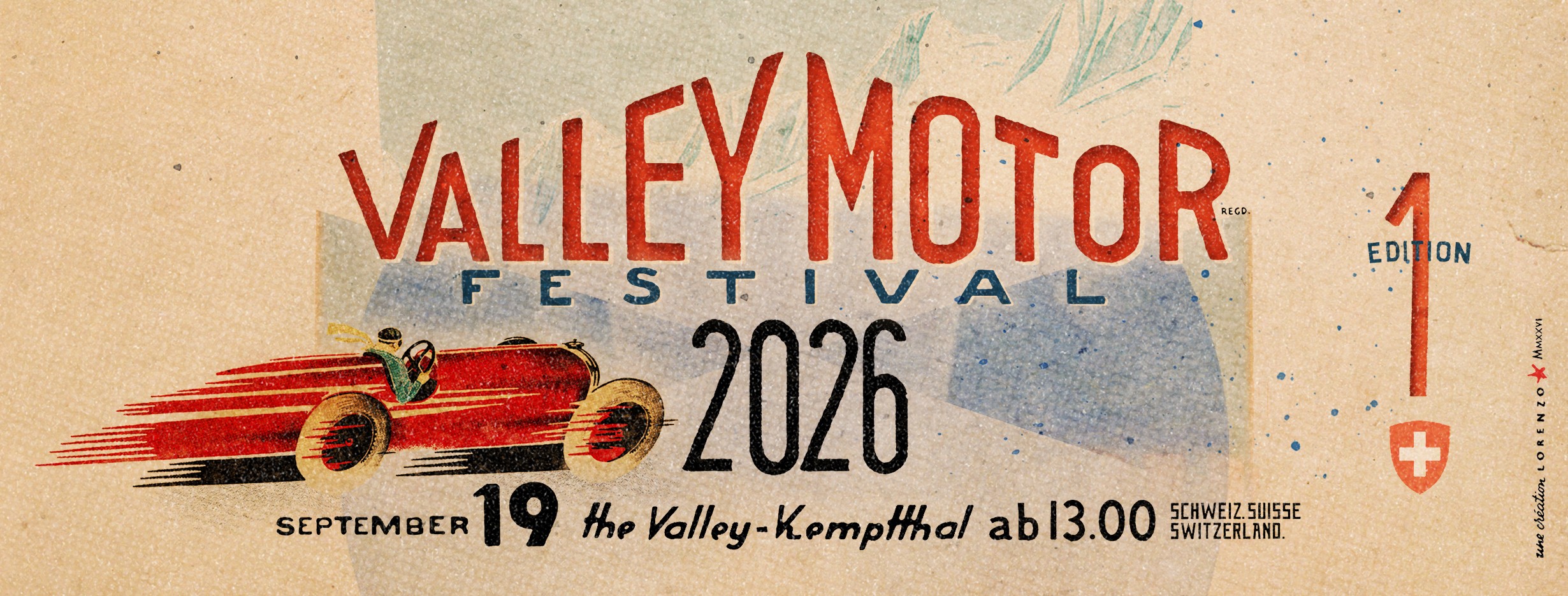 Retro-Plakat: rotes Rennwagen-Illustration, Schriftzug "Valley Motor Festival 2026", Datum 19. September, Schweiz-Logo.