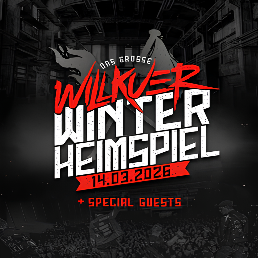 Konzertposter mit großem Schriftzug Winter Heimspiel, Datum 14.03.2026 und Hinweis "+ Special Guests" vor dunkler Industriehalle und Publikum.