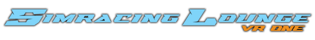 Simracing Lounge logo lettering in light blue futuristic font with orange VR One on a black background.
