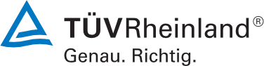 TÜV Rheinland logo with blue triangle symbol, TÜV Rheinland lettering and slogan Exactly. That's right.