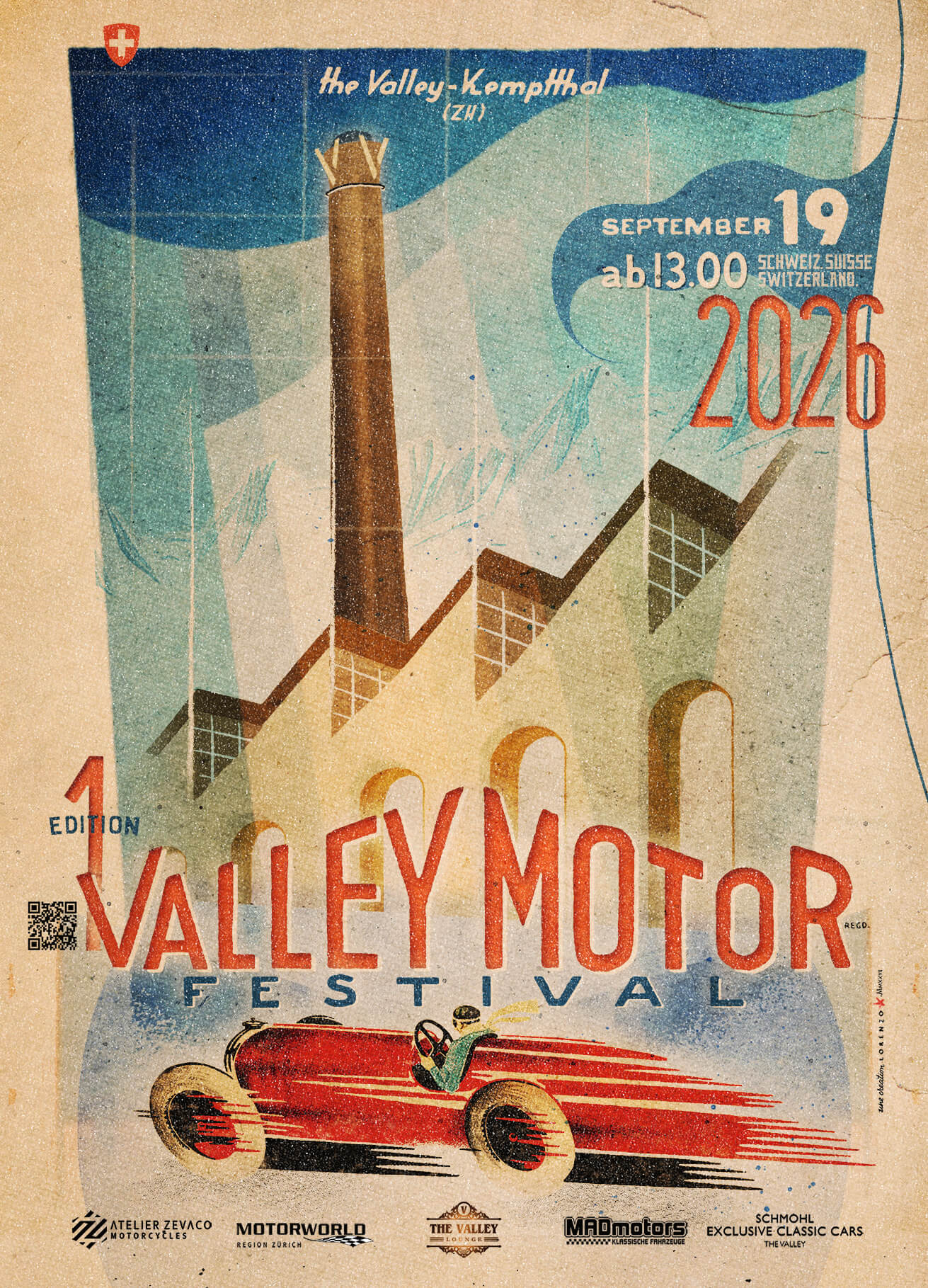 Plakat-Design mit rauchendem Schornstein, stilisierten Fabrikgiebeln und einem roten Retro-Rennwagen; Text: Valley Motor Festival 2026.