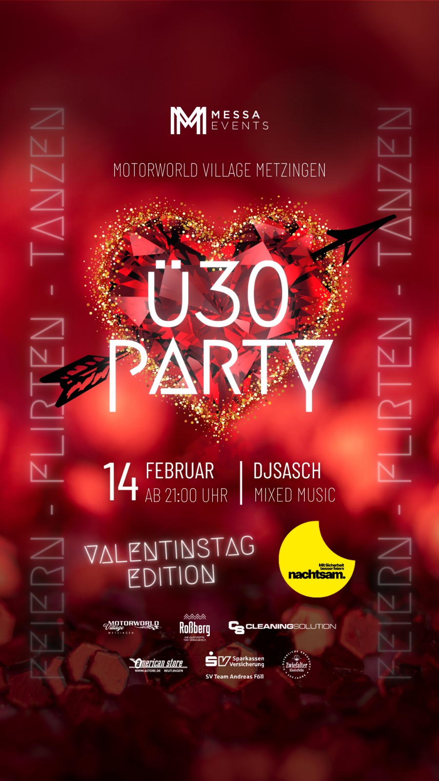 Ü30-Party Valentinstag-Edition mit funkelndem roten Herz und Pfeil, 14. Februar, Motorworld Village Metzingen.