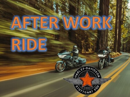 Zwei Motorradfahrer auf einer von Bäumen gesäumten Straße, darüber großer Schriftzug AFTER WORK RIDE und Harley‑Davidson Stuttgart Süd Logo.