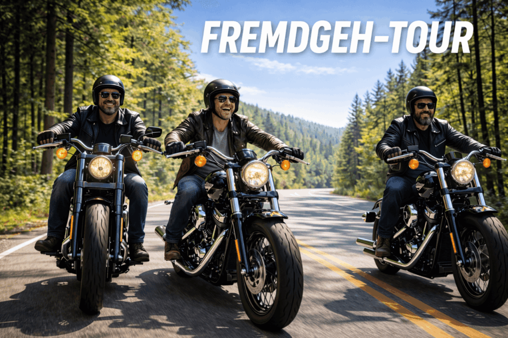 Drei Motorradfahrer in Lederjacken auf einer Landstraße durch Nadelwald, darüber der Schriftzug FREMDGEH-TOUR.