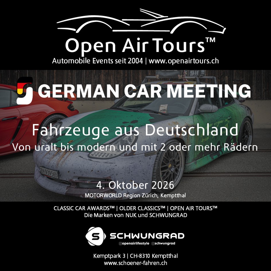 Poster für German Car Meeting (4. Oktober 2026) mit zwei Sportwagen, vorne grüner abgenutzter Porsche und Infos.