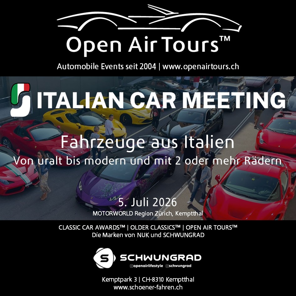 Plakat für Italian Car Meeting mit Reihe bunter italienischer Sportwagen, Datum 5. Juli 2026 und Veranstaltungslogos.