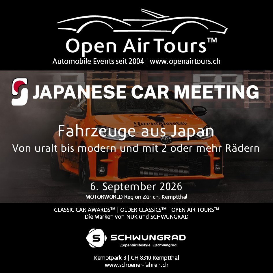 Plakat für Japanese Car Meeting mit orangefarbenem Sportwagen, Datum 6. September 2026 und Veranstaltungsort Kemptthal