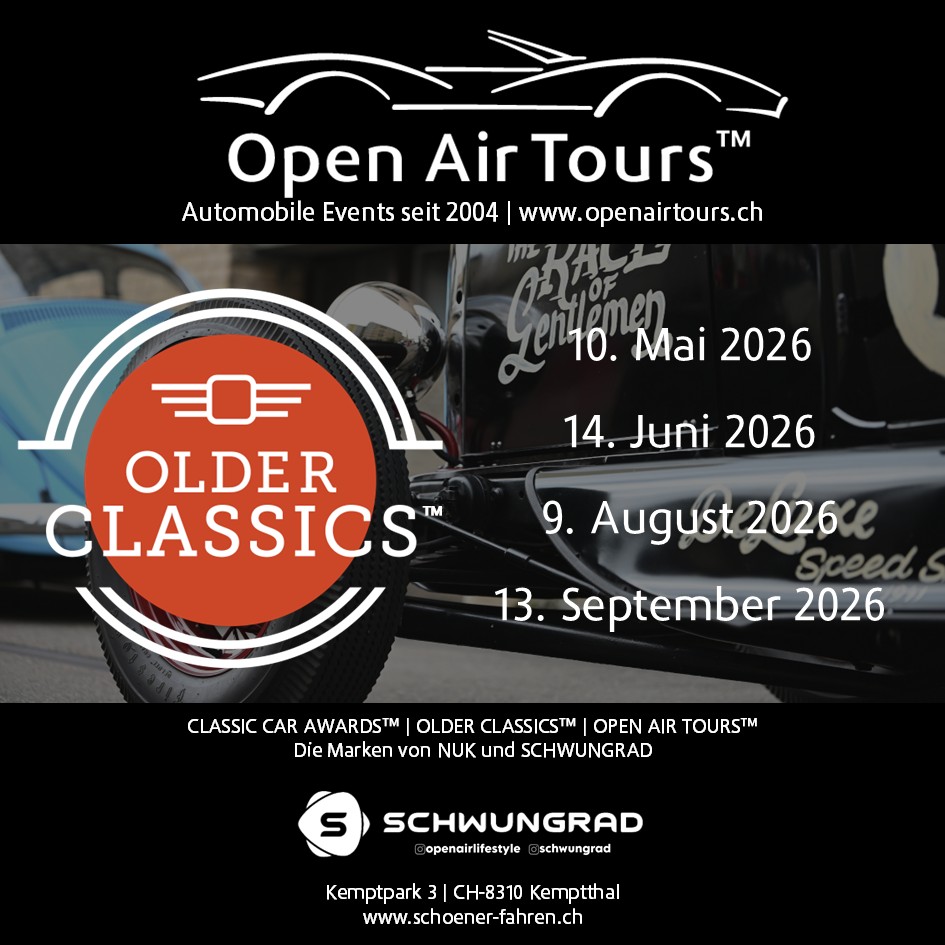 Plakat Older Classics von Open Air Tours mit orangeem Logo über Rad eines Oldtimers und Veranstaltungsdaten 2026.