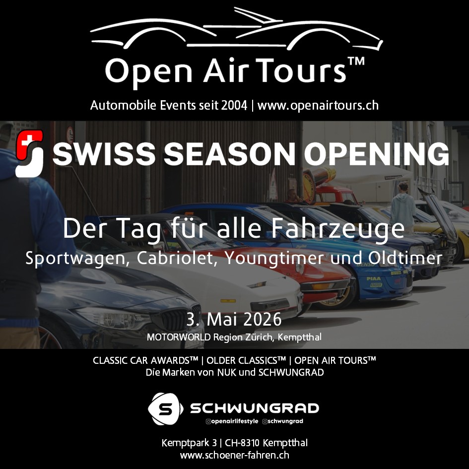 Plakat für Swiss Season Opening: Reihe sportlicher und klassischer Fahrzeuge, Datum 3. Mai 2026.