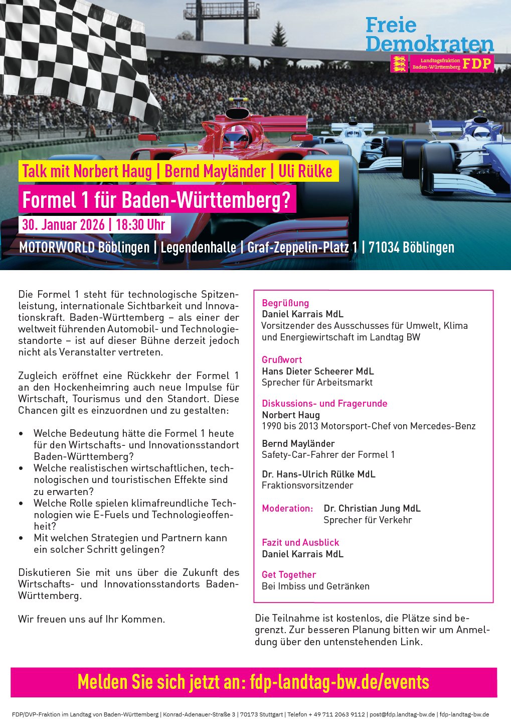 Drei Formel‑1‑Rennautos unter Zielflagge, FDP-Logo und Schriftzug Formel 1 für Baden‑Württemberg? samt Datum und Ort