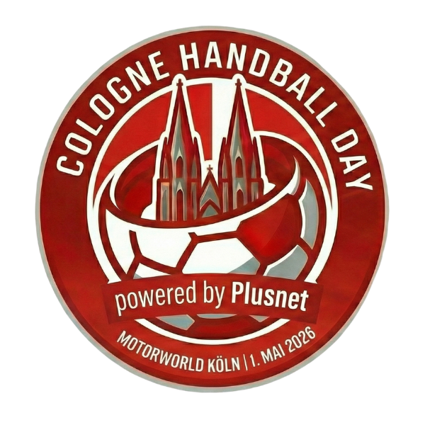 Rundes rotes Logo Cologne Handball Day mit Kölner Dom, Handballgrafik und Schriftzug powered by Plusnet.