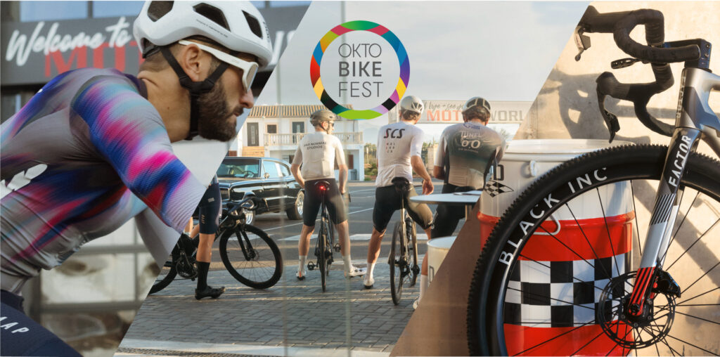 Three-part collage with cyclists in racing gear, OKTO BIKE FEST logo and close-up of a racing bike front wheel.
