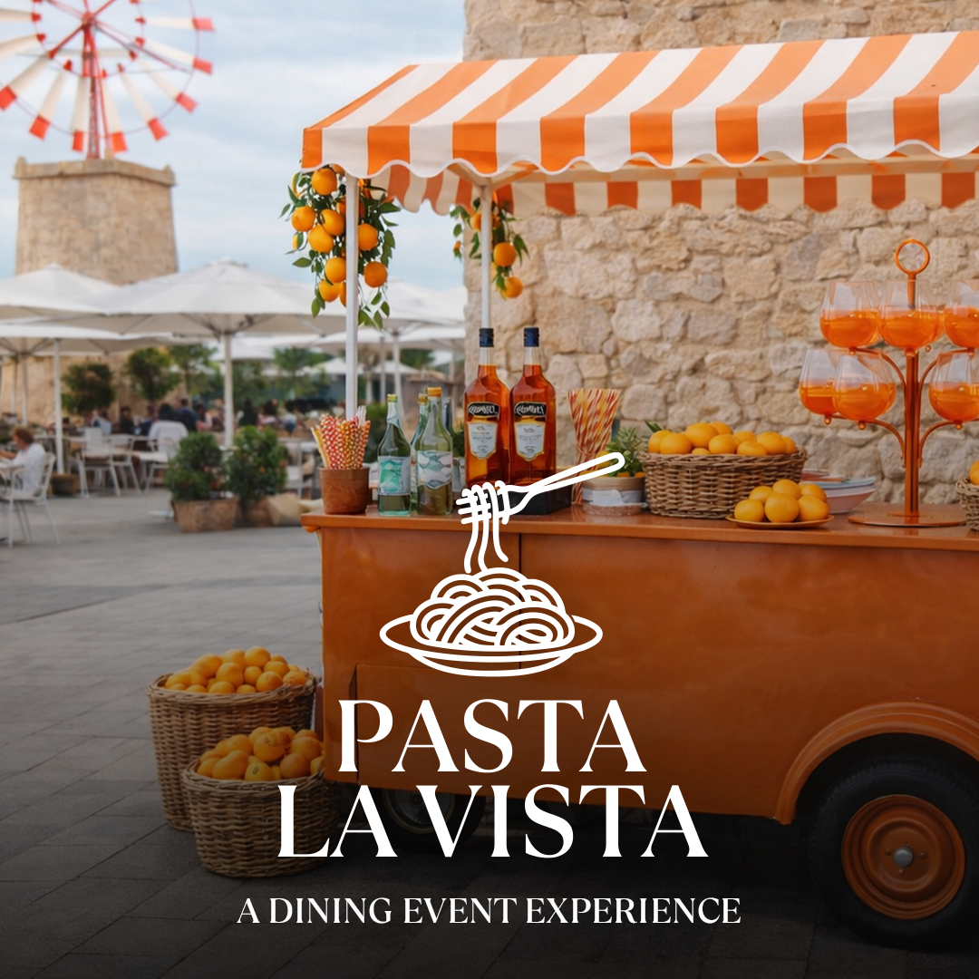 Orange-colored market cart with white-orange awning, baskets full of oranges, bottles and "Pasta La Vista" lettering.