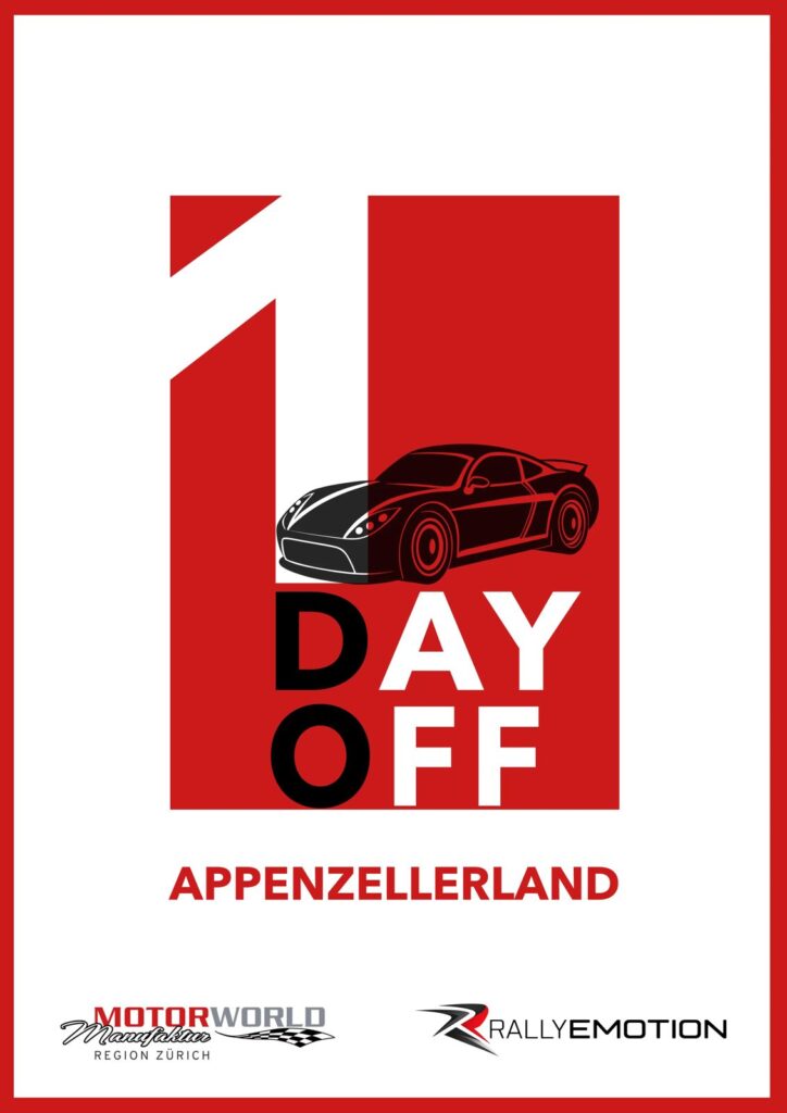 Poster mit rotem Feld, schwarzer Sportwagen-Silhouette und Schriftzug DAY OFF sowie APPENZELLERLAND