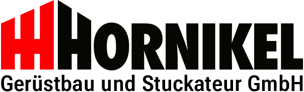 Firmenlogo mit rotem stilisiertem Haus‑H links, schwarzem Schriftzug HORNIKEL und dem Zusatz Gerüstbau und Stuckateur GmbH