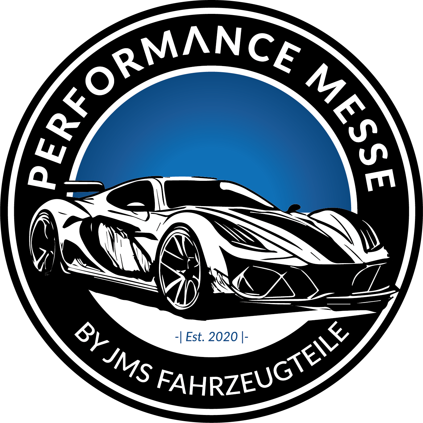 Rundes Logo mit stilisiertem Sportwagen vor blauem Kreis und Schriftzug Performance Messe und By JMS Fahrzeugteile.
