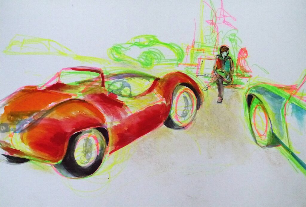Bunte Skizze mehrerer Retro-Sportwagen in Neonfarben mit einer sitzenden Person rechts.