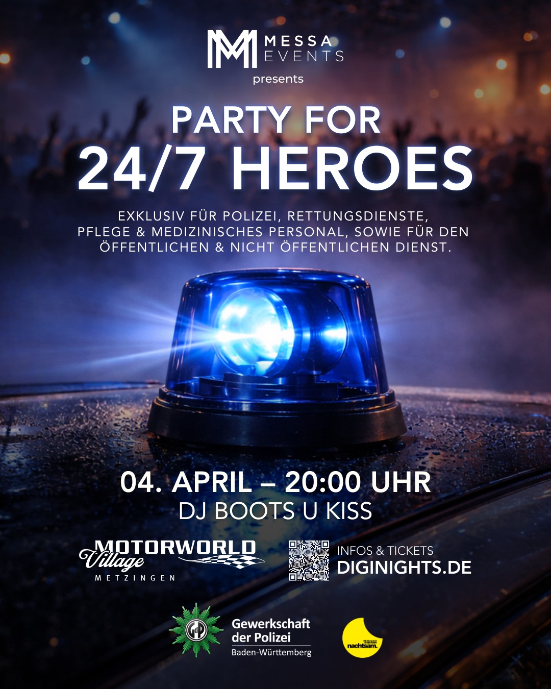 Blaues Polizeiblitzlicht im Vordergrund, im Hintergrund Menschenmenge und Text: "Party for 24/7 Heroes" mit Veranstaltungsdetails.