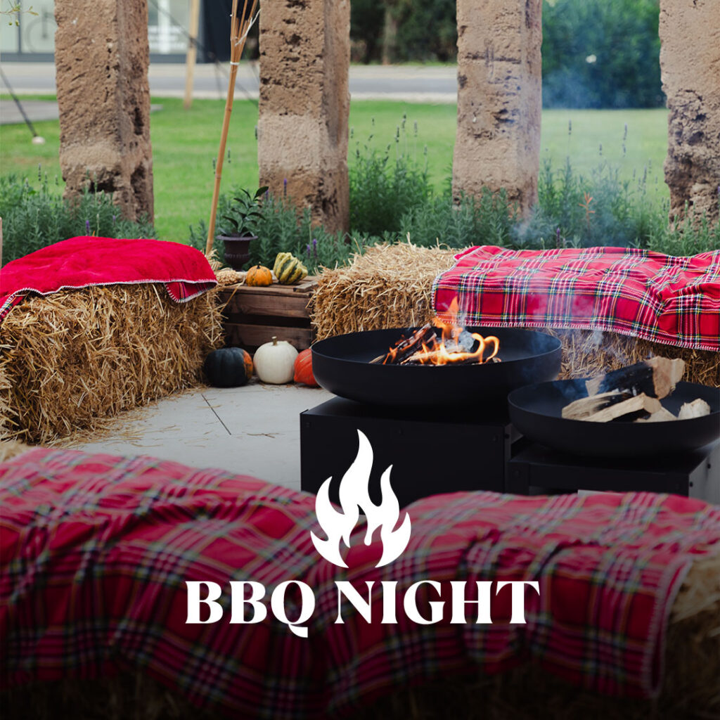 Rustic seating area with straw bales, plaid blankets and burning fire bowl, text "BBQ NIGHT" visible.