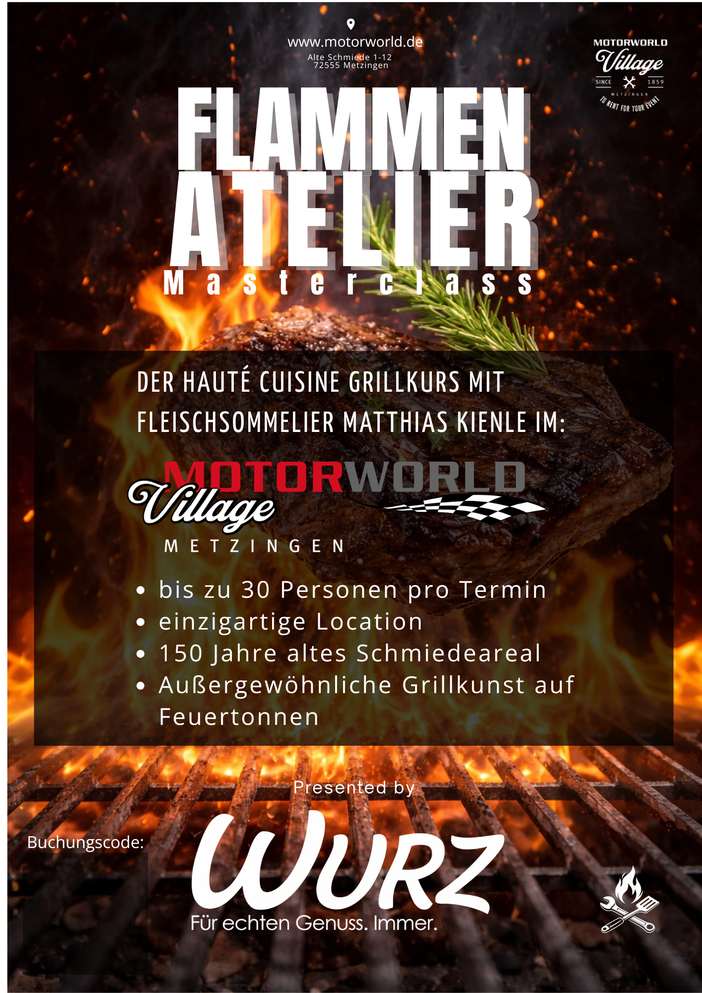 Plakat für „Flammen Atelier“ Masterclass mit brennendem Grill, Steak, Logo Motorworld Village Metzingen und Veranstaltungsdetails.