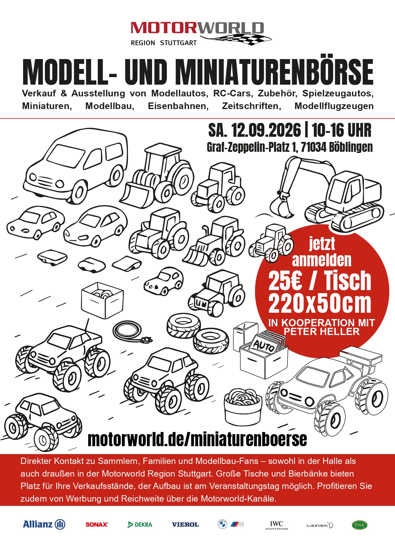 Plakat für Modell- und Miniaturenbörse mit gezeichneten Spielzeugautos, Traktoren und Baggern plus Veranstaltungsdaten und Anmeldeinfo.