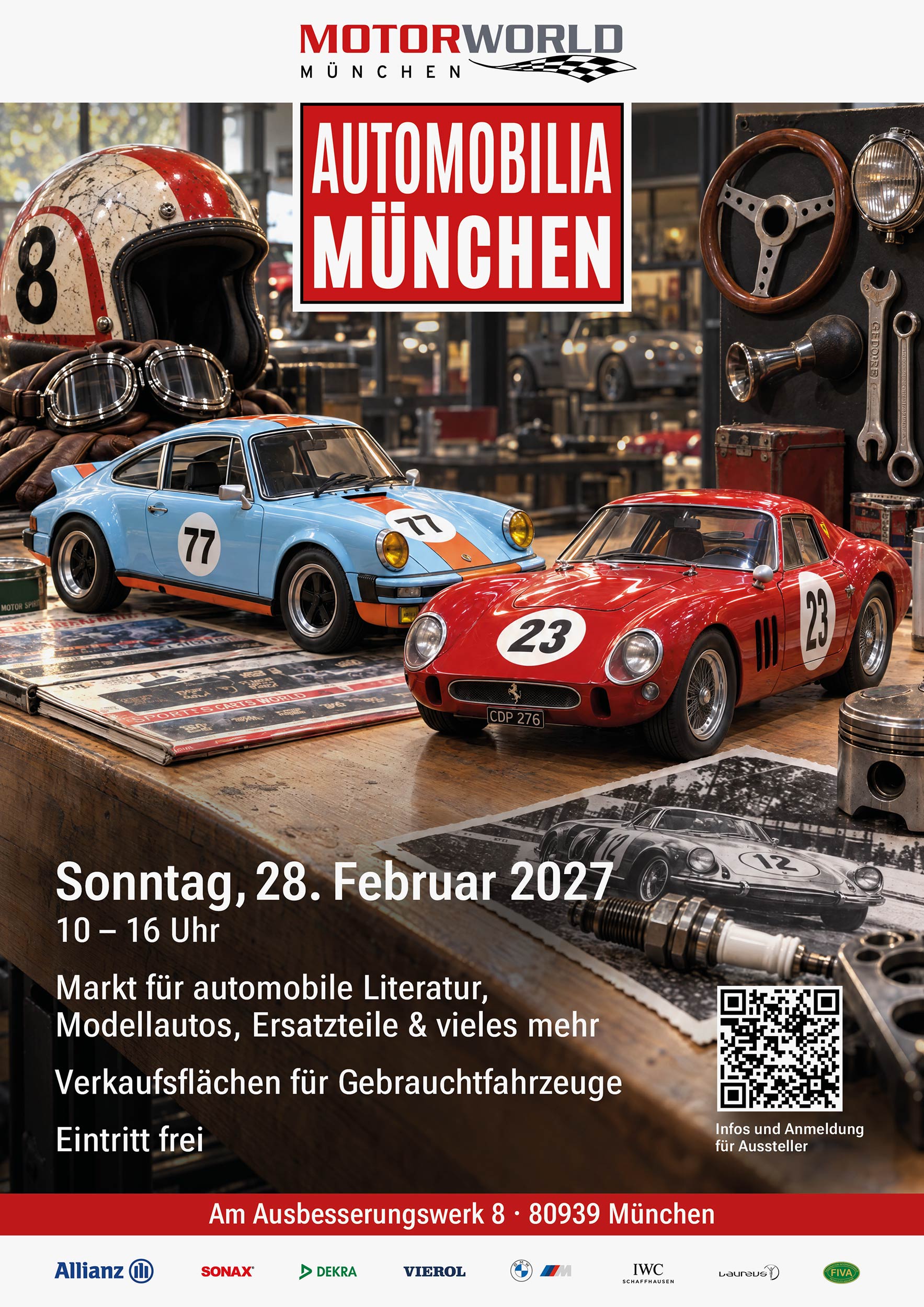 Plakat zur Automobilia München am 28. Februar 2027 mit Oldtimern, Ersatzteilen und QR-Code