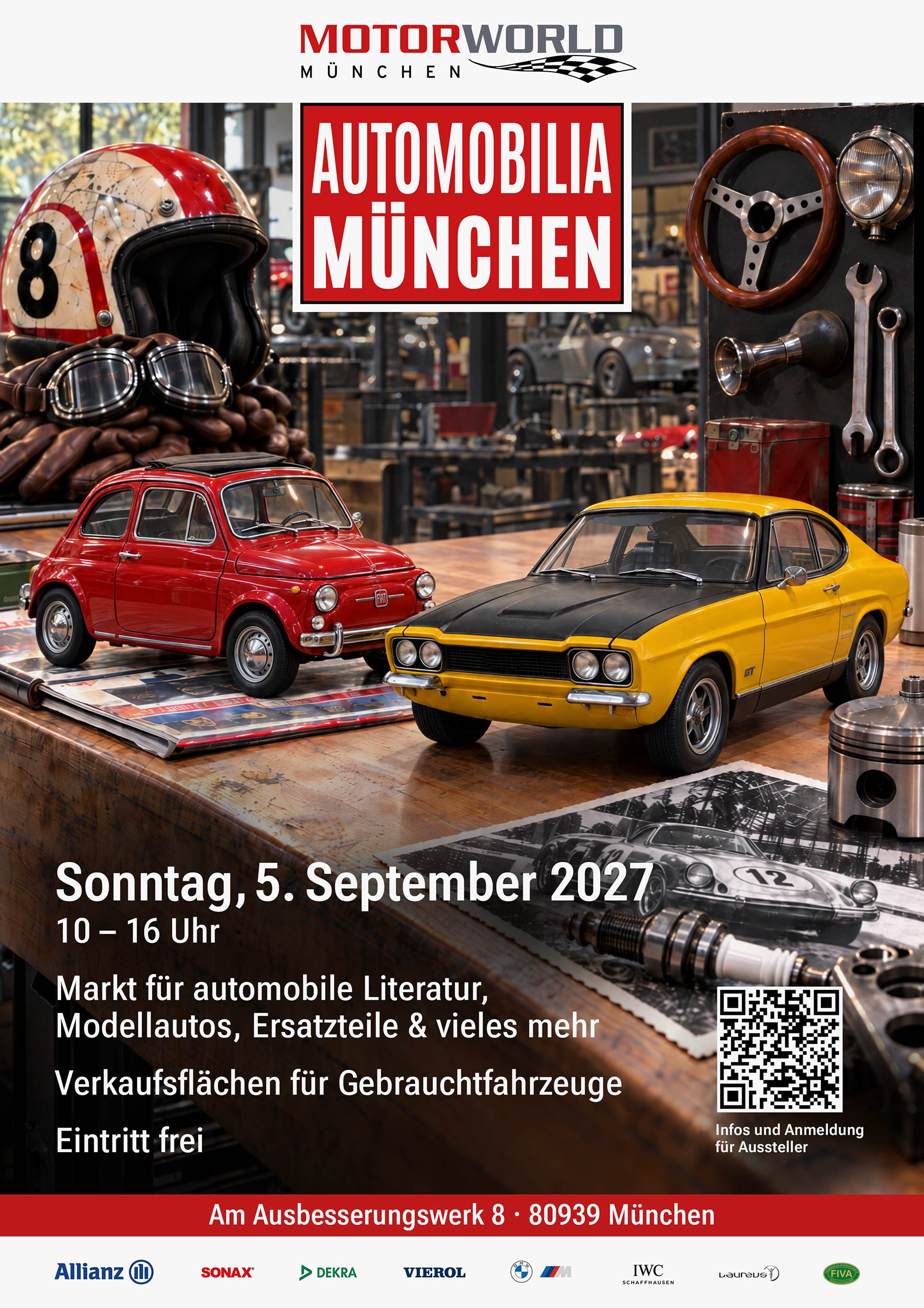 Plakat für die Automobilia München 2027 mit Oldtimern, Modellautos, Ersatzteilen und Terminangaben