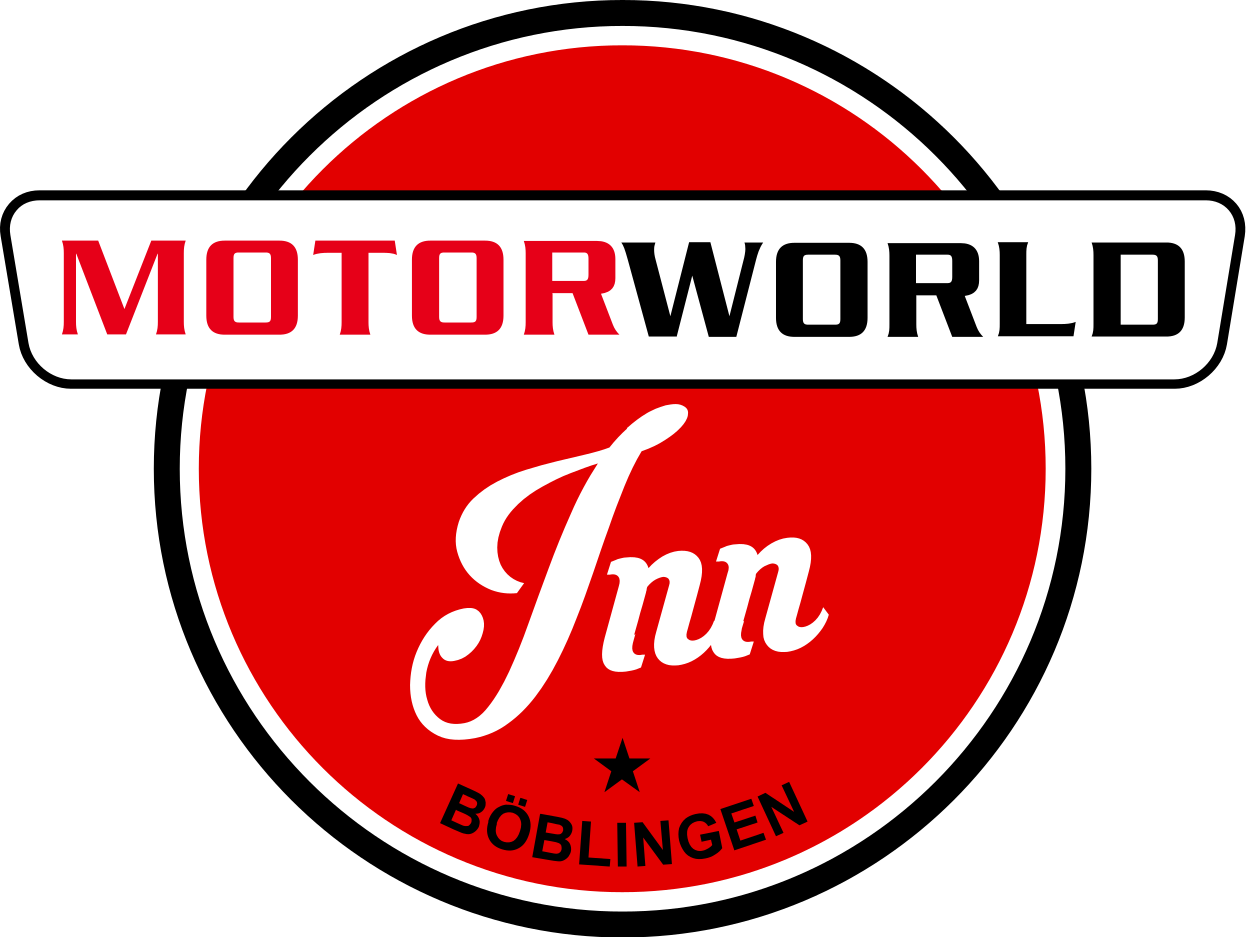 Rotes rundes Logo mit weißer Leiste oben, Schriftzug "MOTORWORLD" und darunter in kursiver Schrift "Inn" sowie "Böblingen" am unteren Rand.