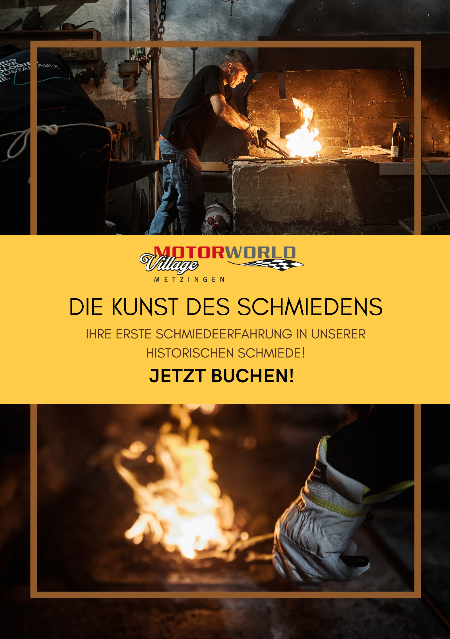 Schmied formt glühendes Metall über Amboss in historischer Werkstatt, Flammen und Handschuh nah, Werbebanner "Die Kunst des Schmiedens".