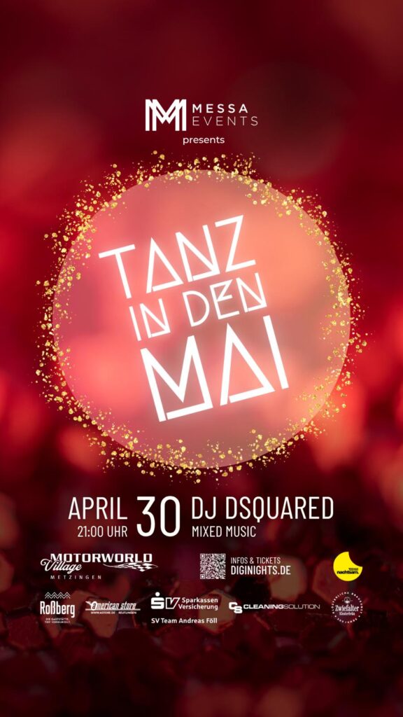 Rotes Partyplakat mit goldener Konfetti-Umrandung und Weißschrift „Tanz in den Mai“, Datum 30. April, DJ Dsquared.