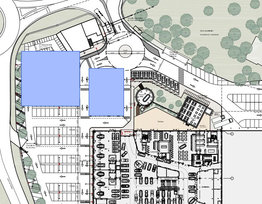 Site plan of a parking lot and building design with circular parking lot, parking spaces, trees and two marked building areas.