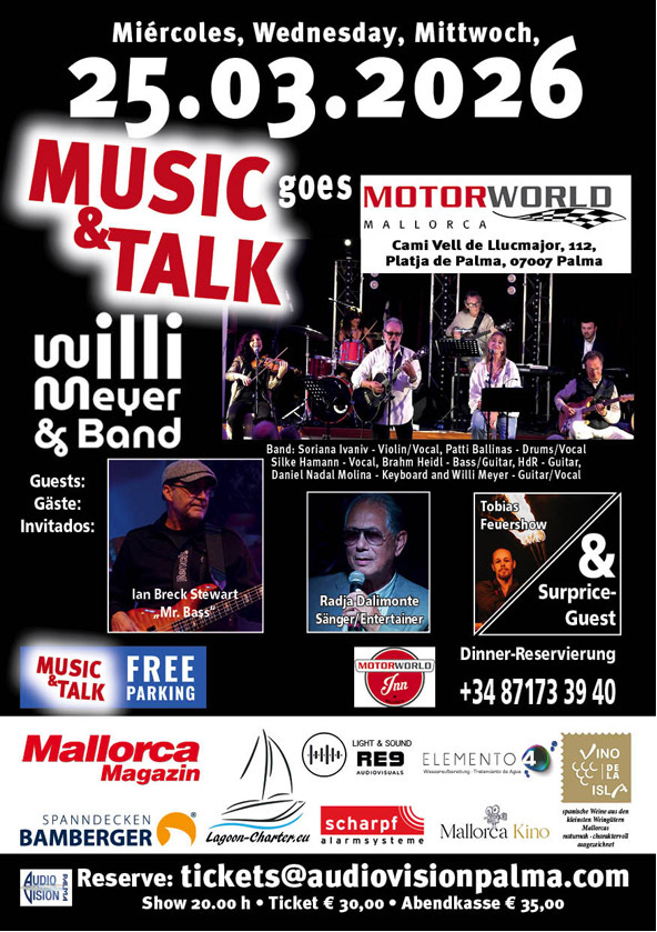 Plakat für Konzert "Music & Talk" am 25.03.2026 mit Willi Meyer & Band, Bandfotos, Gäste und Veranstaltungsdetails in Palma de Mallorca.
