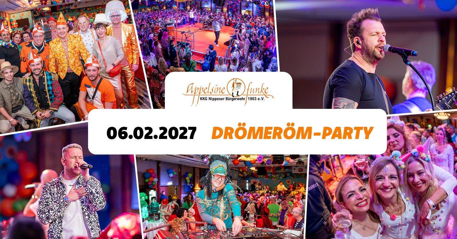 Collage von bunt kostümierten Feiernden, Musikern und DJ mit Textbanner „06.02.2027 DRÖMERÖM‑PARTY“.